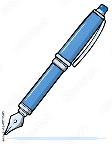 Stylized blue fountain pen with silver accents and a pointed nib