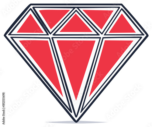 Stylized red gemstone with faceted surfaces and bold black outline, abstract illustration
