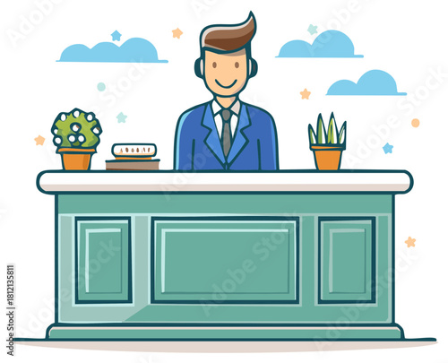 Friendly cartoon businessman in a blue suit smiling behind a large office desk
