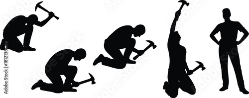 Construction workers hammering in various poses, labor silhouettes kneeling and standing, teamwork concept, manual craftsmanship illustration