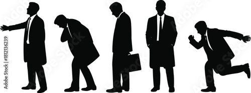 Silhouette business men expressing various emotions and actions representing stress, contemplation, confidence, fatigue and urgency in workplace