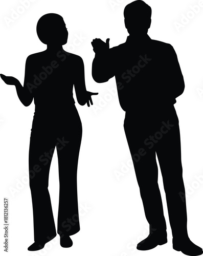Silhouette of man and woman talking with expressive gestures, communication concept, discussion and interaction illustration scene