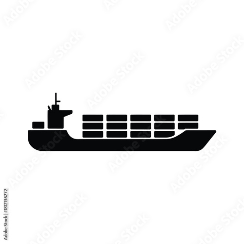 Black silhouette of a cargo ship loaded with containers