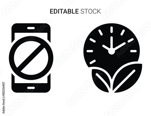 Digital detox and mindful time concept icon set, no mobile phone and eco-break.