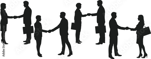 Silhouettes of business professionals shaking hands in multiple poses, teamwork partnership concept, corporate communication illustration scene