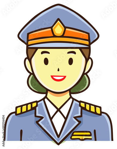 Cartoon woman in pilot uniform with cap and epaulets