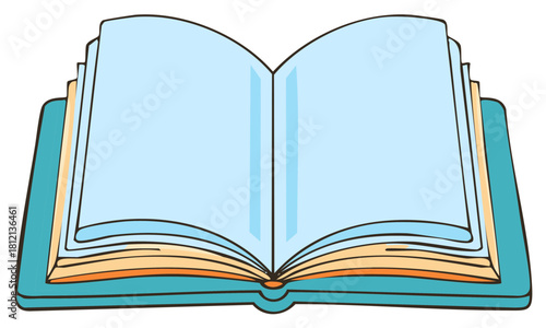 Open book with blank pages and a teal cover, cartoon vector illustration of an educational textbook