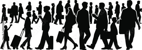 Silhouettes of diverse people walking with luggage and bags, busy crowd movement concept, urban travel illustration scene