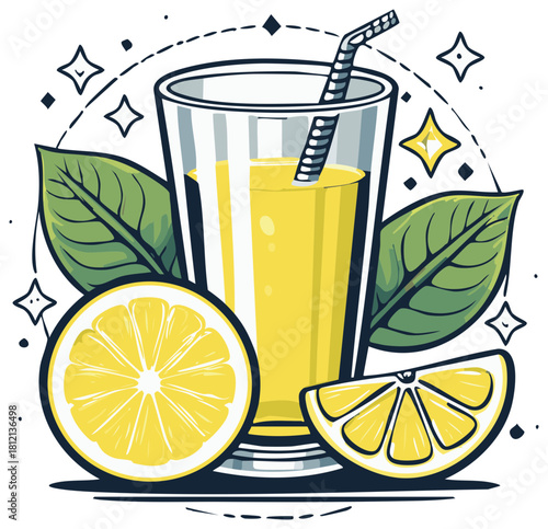 Refreshing yellow citrus drink in a glass with lemon slices and green leaves