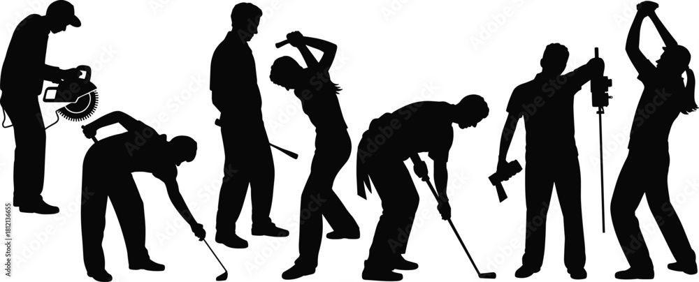 Obraz premium Silhouettes of workers using tools and performing manual labor tasks, construction and industrial activity concept, work illustration scene