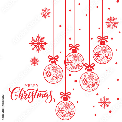 Festive red and white Christmas vector design featuring hanging baubles filled with snowflakes and smaller hanging snowflakes, accompanied by white "Merry Christmas" script calligraphy. Ideal for gree