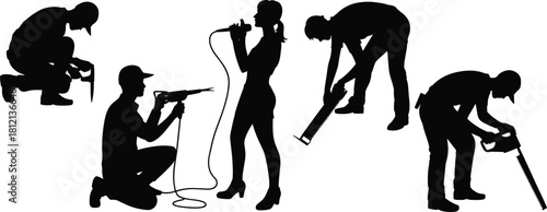 Silhouettes of workers using tools and woman singing with microphone, mixed activity concept, labor and performance illustration