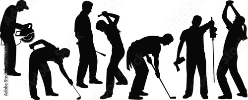 Silhouettes of workers using tools and performing manual labor tasks, construction and industrial activity concept, work illustration scene