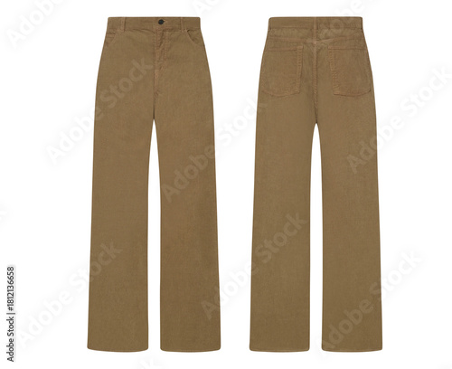 Female Stylish brown wide jeans pant, jeans mockup, front and back view, transparent background, collection of young women's modern bottom wearing jeans, denim jeans, e-commerce product shot.