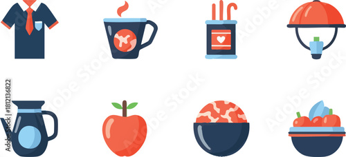 Set of eight flat design icons representing various objects and food items.