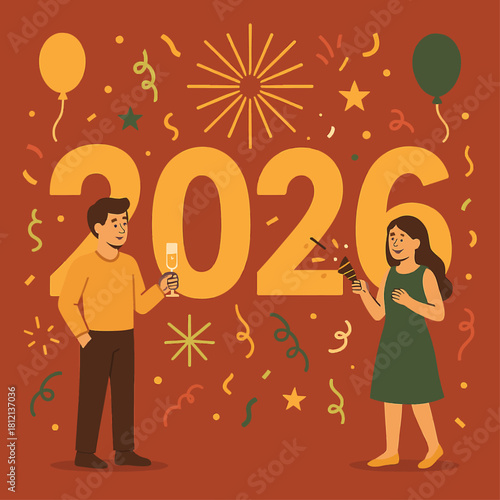 A couple celebrating the New Year 2026 with trendy themes and festive patterns in a colorful vector illustration