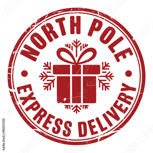 North pole express delivery stamp with gift and snowflakes