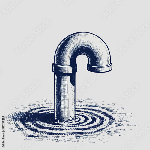 Illustrated curved metal pipe emerging from water.
