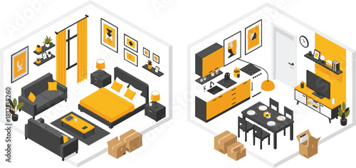 Isometric apartment interior with bedroom, kitchen, and unpacking boxes, vector illustration for lifestyle, real estate, and design content