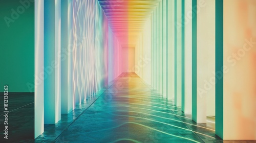 Holographic wave fields interference patterns illuminated corridor perspective depth rainbow spectrum gradient architectural space immersive light art installation