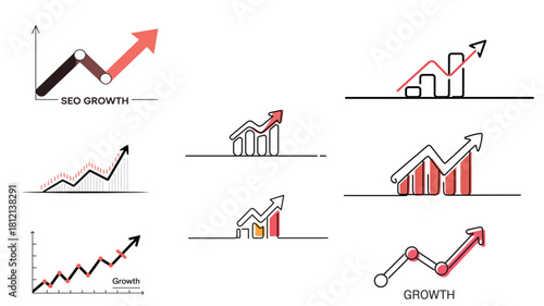 Business growth chart illustration set showing rising graph and seo progress
