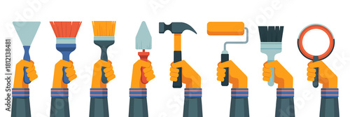 Diverse hands holding a variety of construction and diy tools