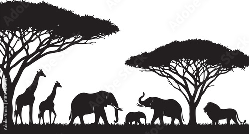 African savanna wildlife silhouette with acacia tree