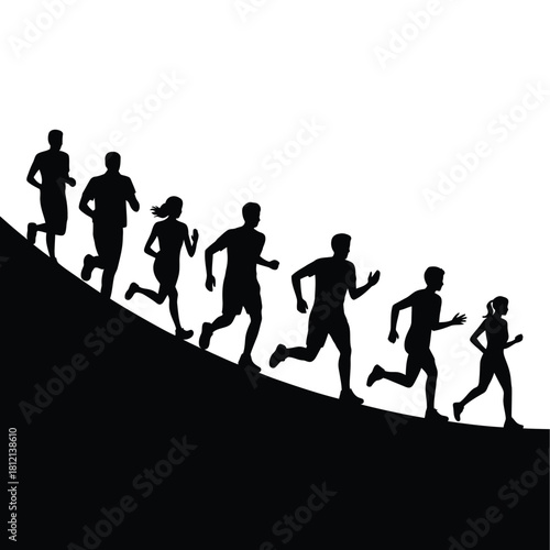 Silhouettes of runners ascending a dark slope