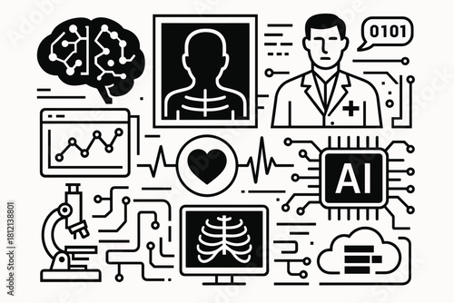 Brain futuristic illustration ai health monochrome vector analysis predictive icon bold diagnostics