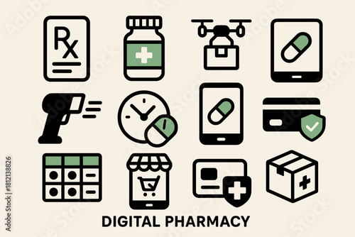 Concept store minimalism reminder icon vector secure barcode dosage delivery bottle pharmacy