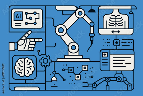 Medical illustration robotics mechanical icon hand bold beam vector brain ai healthcare