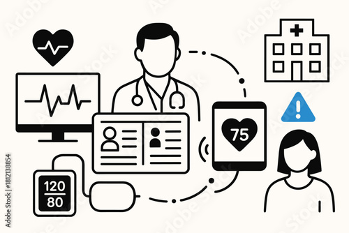 Patient notification profile coordination icon link monitoring remote vector screen health heart
