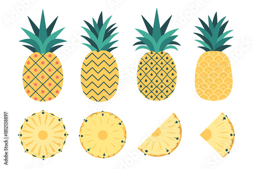 Vibrant pineapple collection: whole and sliced tropical fruits