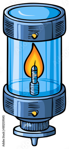 Cartoon gas burner illustration with flame and light blue glass body