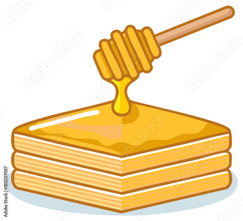 Cartoon Baklava Pastry with Golden Honey Dripping from a Dipper