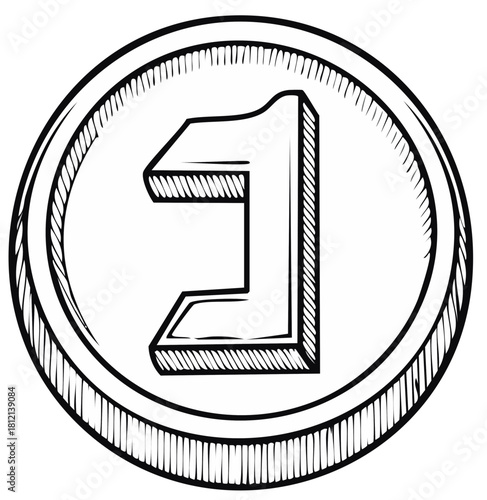 Sketch style outline of a coin with the number one prominently displayed in bold typography.