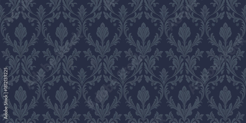 Seamless navy blue damask pattern with classic elegant scrolls