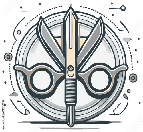 Unique graphic icon with open shears and a sharp knife tool in circular frame