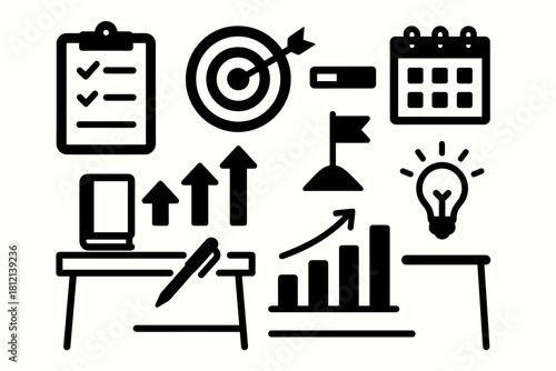 Notebook milestone setting goal geometric calendar icon growth bar vector pen flat