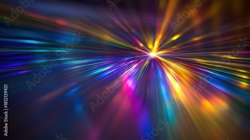 Laser interference effects creating radial burst of rainbow spectrum light rays with vibrant prismatic patterns and dynamic motion blur on dark background