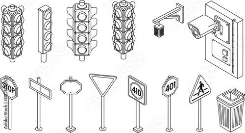 Isometric icon set of traffic lights, surveillance cameras, road signs, and urban objects for infrastructure and editorial vector content