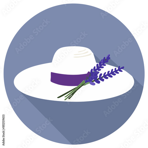 White sunhat adorned with delicate lavender sprigs illustration against a round blue backdrop