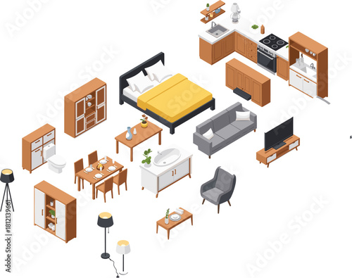 Isometric illustration of household furniture and fixtures, bedroom, kitchen, living room, bathroom, dining area, home decor, interior design layout
