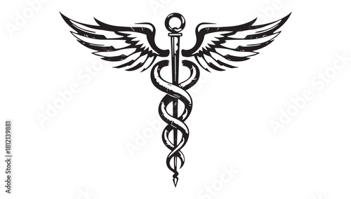 Striking Caduceus Symbol with Worn Texture for Medical, Healthcare, and Wellness Brands seeking timeless, professional, and easily recognizable imagery