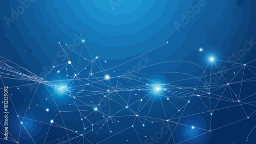 Digital network connection lines glowing dots on blue background.