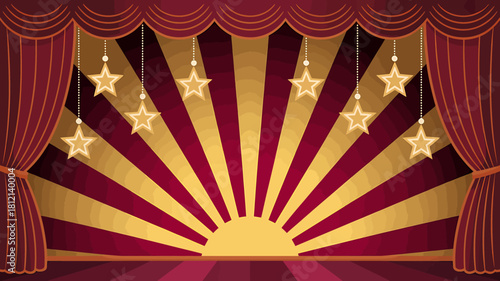 Grand theater stage with red curtains, golden sunburst, and stars