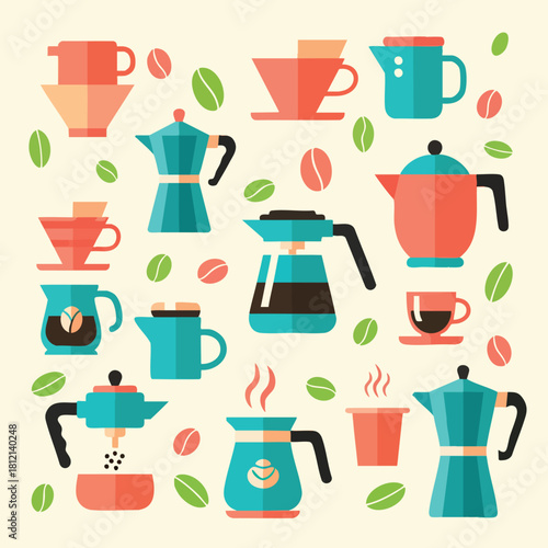Stylized Coffee Brewing Equipment And Cups Illustration.