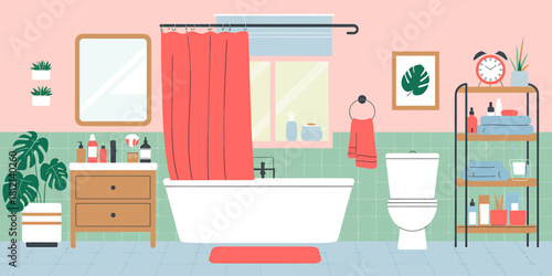 Modern bathroom interior design with tub, toilet, and stylish decor.