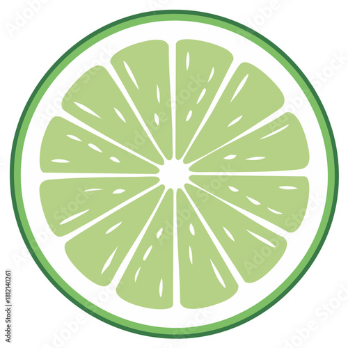 Stylized illustration of a vibrant lime slice with a thick green rind and juicy segments