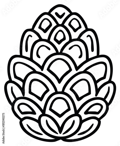 Symmetrical black and white line art of a stylized hop cone or pinecone graphic icon